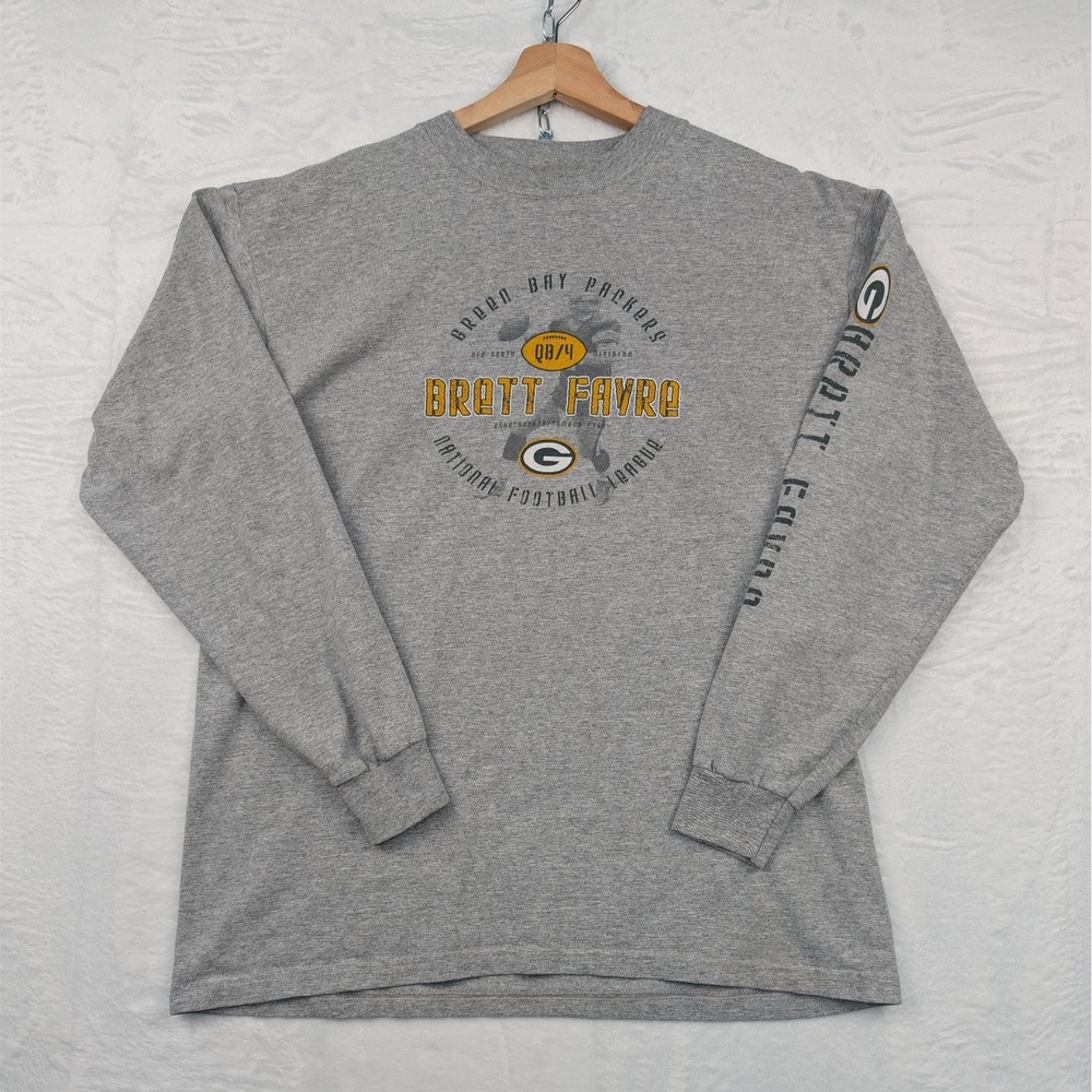VTG Brett Favre Green Bay Packers Long Sleeve T-Shirt Mens Large Gray NFL Y2K